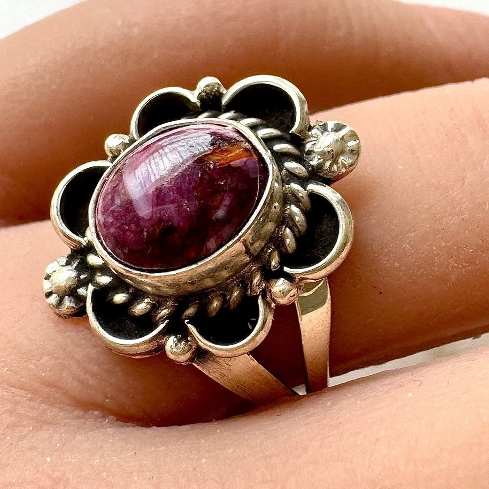 Navajo Flower Ring Purple Spiny Oyster Sz 9 Sterling Silver Native Signed Morgan